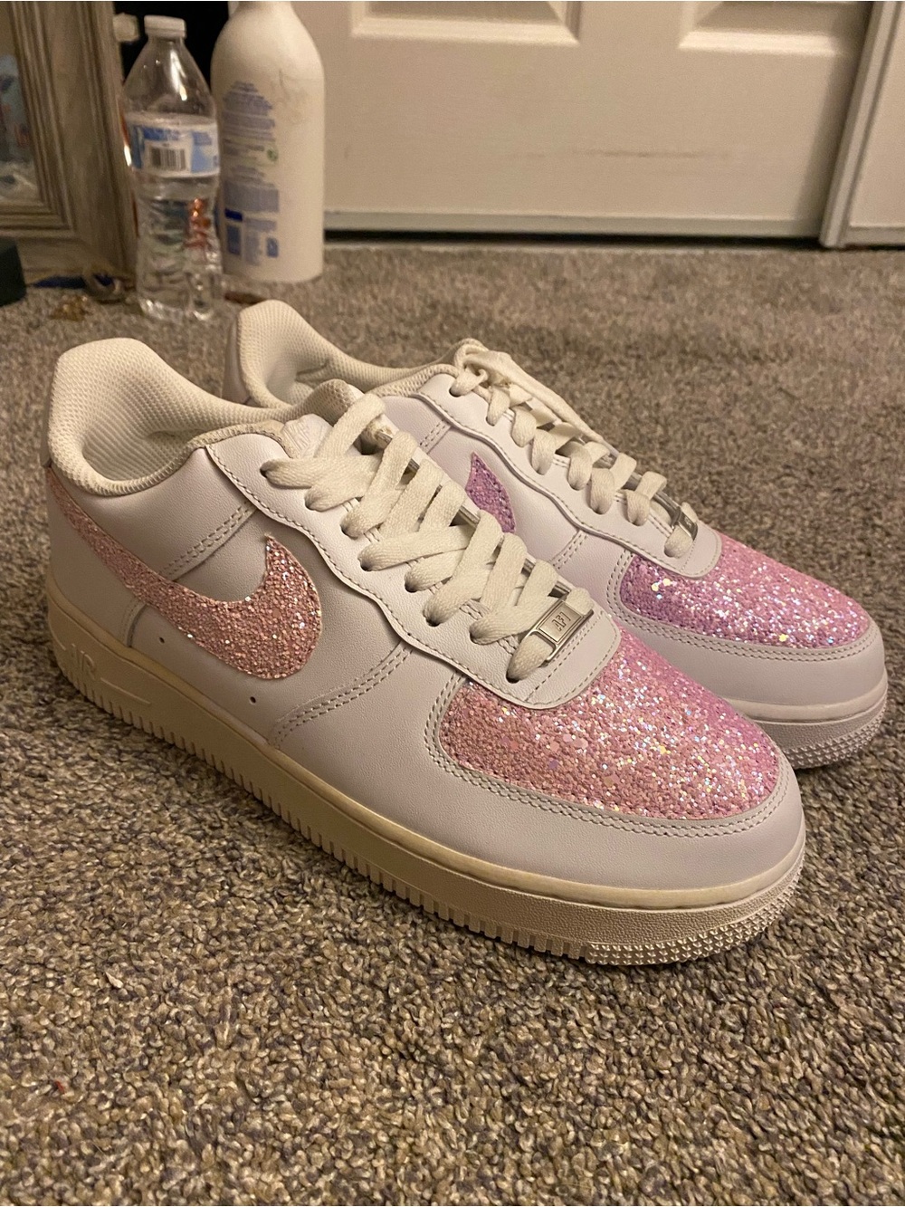 Nike Women's White Sneakers with Pink Glitter Swoosh and Toe Accents